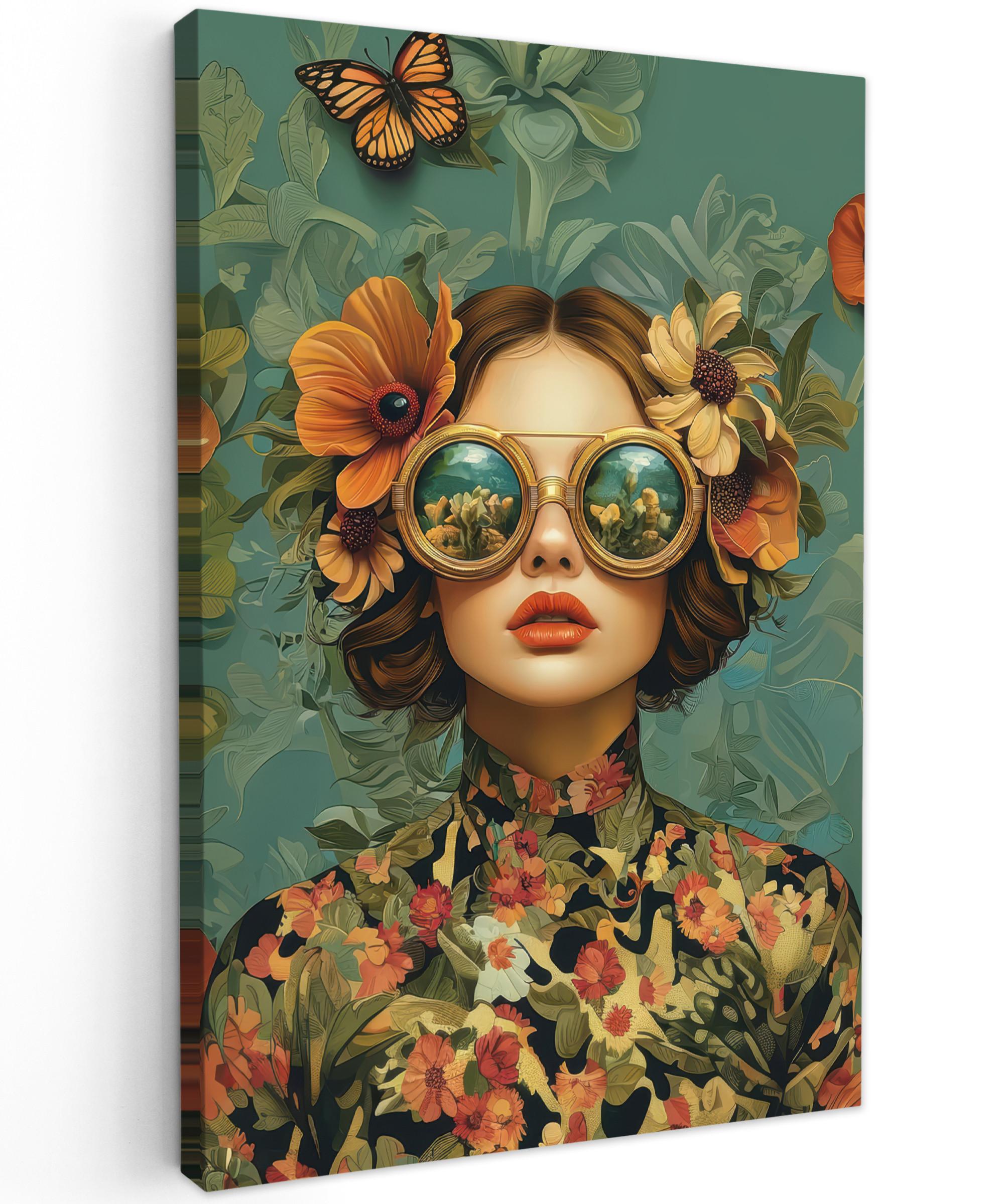 LEINWANDBILD Frau - Blumen - Schmetterlinge - Natur - Vintage Deko Groß 90x140 cm - Salbeigrün, Textil (90/140cm) - MuchoWow