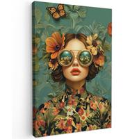 LEINWANDBILD Frau - Blumen - Schmetterlinge - Natur - Vintage Wanddeko Schlafzimmer 60x90 cm - Salbeigrün, Textil (60/90cm) - MuchoWow
