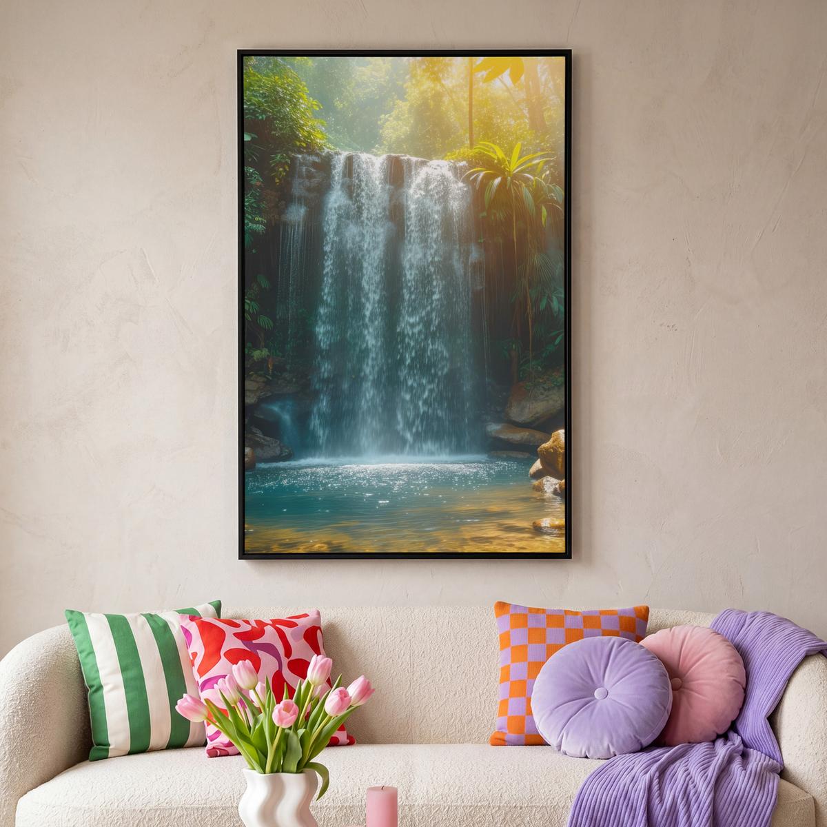LEINWAND Bilder mit Rahmen - Wasserfall - Dschungel - Sonne - Grün - Natur - 100x150 - Grün, Textil (100/150cm) - MuchoWow