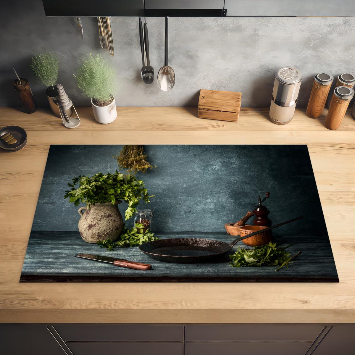 HERDABDECKPLATTE Kräuter - Gewürze - Pfanne - Messer - Grau - Rustikal Ceranfeldabdeckung 85x52 cm - Petrol, Kunststoff (85/52/0.2cm) - MuchoWow