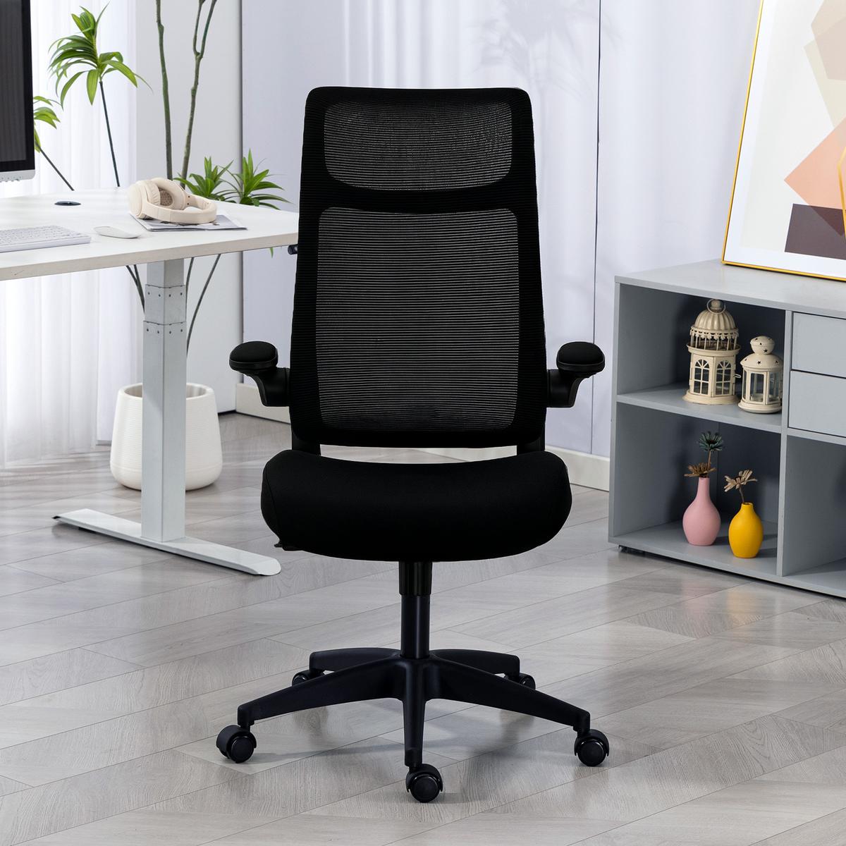 BÜROSTUHL mit 3D-Armlehnen Netzbespannung Kopfstütze Ergonomisch - Schwarz, Kunststoff/Textil (64/118/65cm) - HOMCOM