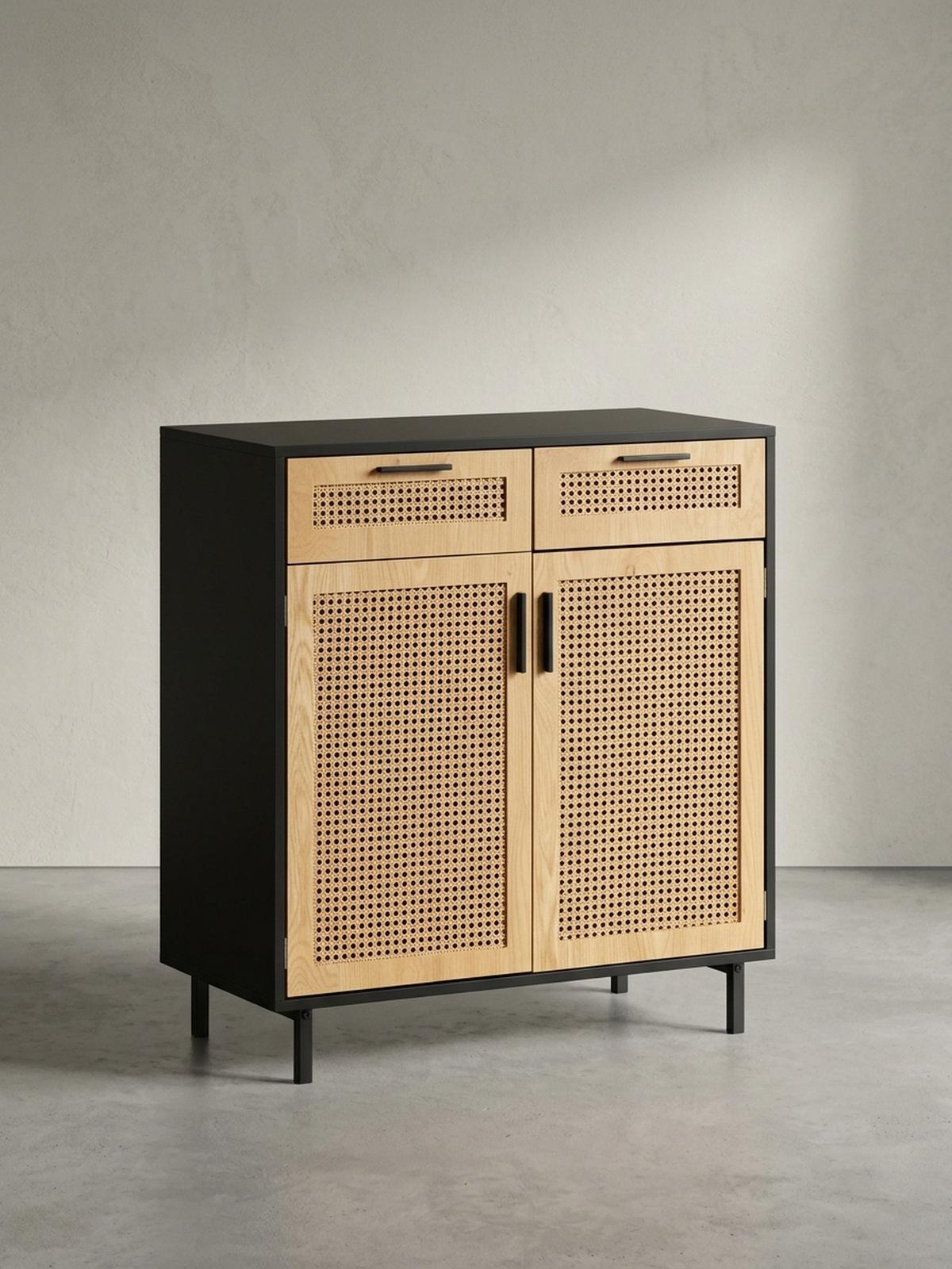 SIDEBOARD – Schwarz, 80x86,5x40 cm, mit Wiener Geflecht, 2 Türen, Schubladen, hoch - Schwarz, Holzwerkstoff/Metall (80/87/40cm) - KADIMA DESIGN