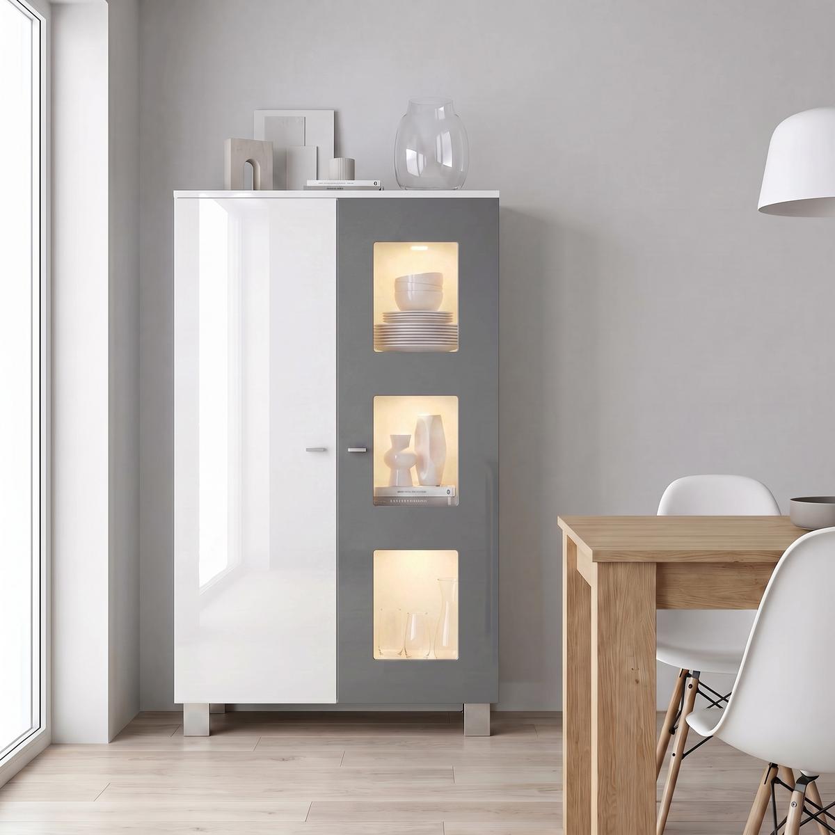 VITRINE Denjo Tür in Grau Hochglanz - Grau, Holzwerkstoff (71/129/35cm) - Vladon
