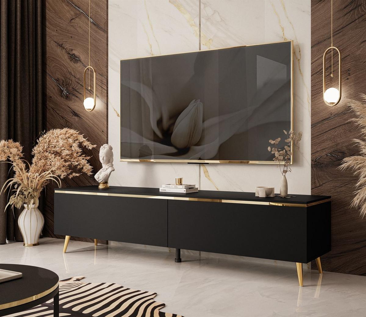 TV-LOWBOARD AURORA Schwarz Matt mit gerade Goldchrom Fuße und LED Beleuchtung - Goldfarben/Schwarz, Holzwerkstoff/Metall (180/45/40cm) - Lookway