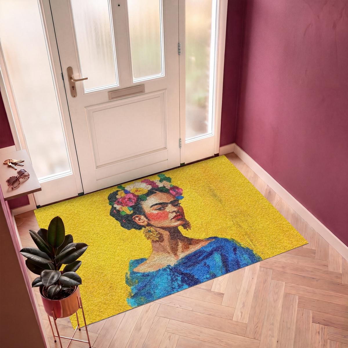 FUSSMATTE Frida Kahlo - Frau - Gelb - Blau - Blumen Schmutzfangmatte 180x120 cm - Gelb, Kunststoff (180/0.4cm) - MuchoWow