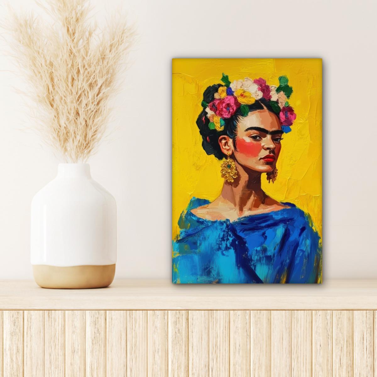 LEINWANDBILD Frida Kahlo - Frau - Gelb - Blau - Blumen Deko Wohnzimmer 20x30 cm - Gelb, Textil (20/30cm) - MuchoWow