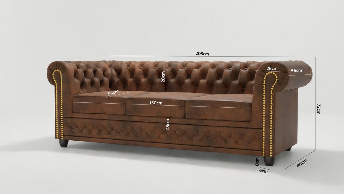 CHESTERFIELD-SOFA 3-sitzer Flux Braun Microfaser Vintageoptik - Braun, Holz/Textil (203/72/86cm) - S-Style Möbel