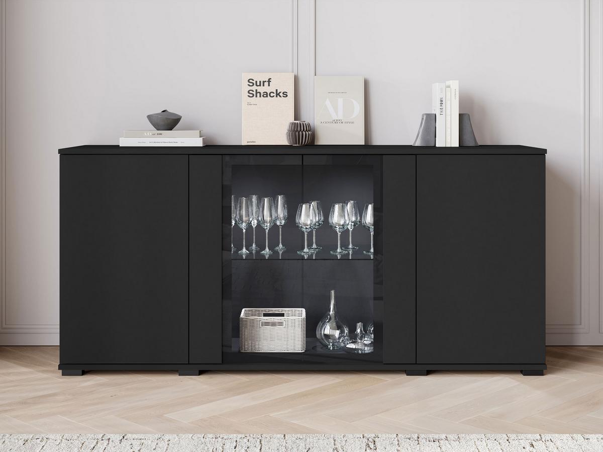 KOMMODE Caro SB 154 4D mit weißer LED Beleuchtung - Schwarz, Holzwerkstoff/Kunststoff (150/70/40cm) - MIRJAN24