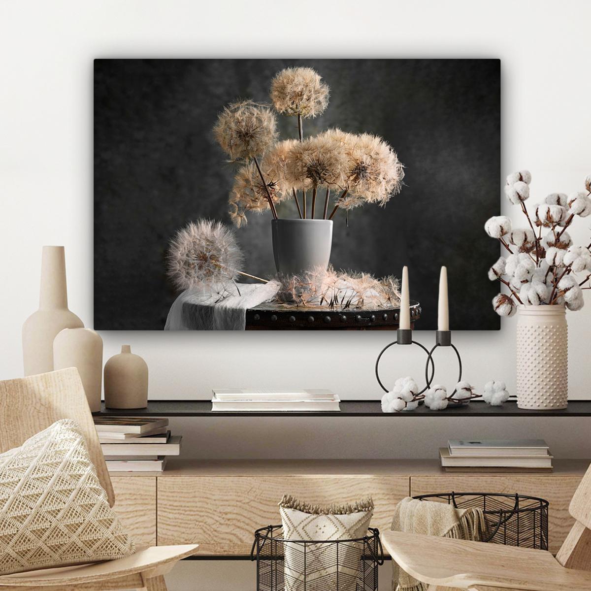 LEINWANDBILD Blumensamen - Löwenzahn - Vase - Stilleben - Blumenstrauß Wanddeko 90x60 cm - Dunkelgrau, Textil (90/60cm) - MuchoWow