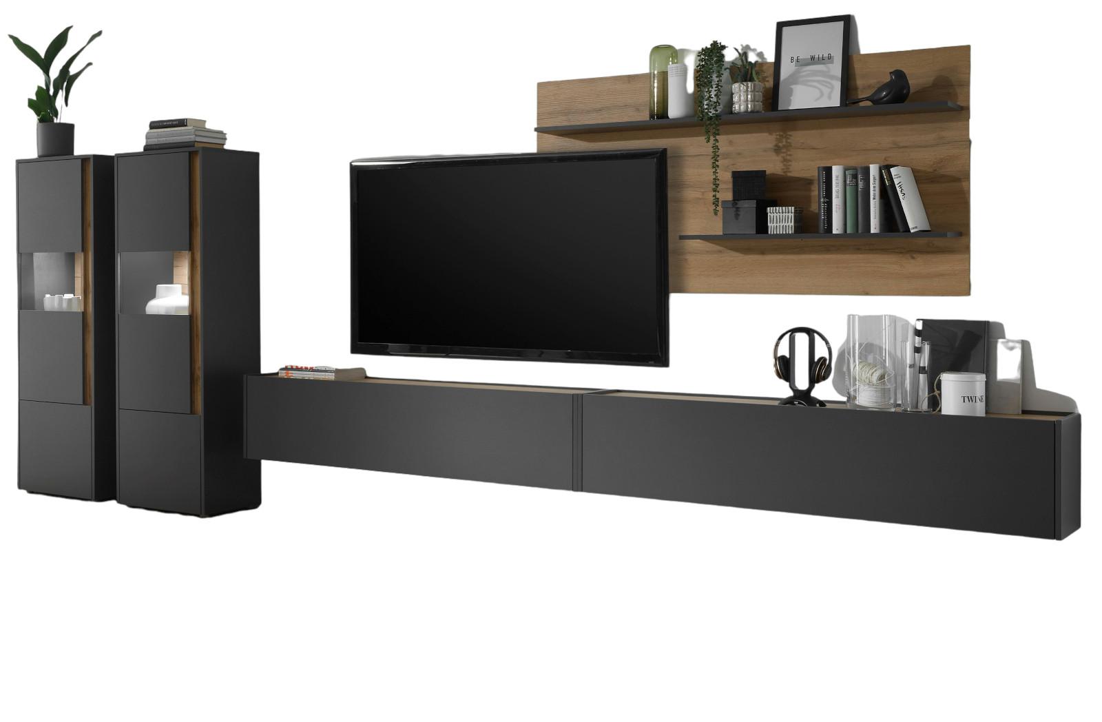 WOHNWAND 5-teilig grau matt, Eiche Wotan 440 cm, Schrankwand mit XXL-TV-Schrank - Eiche Wotan/Grau, Glas/Holz (440/180/40cm) - Furn.Design
