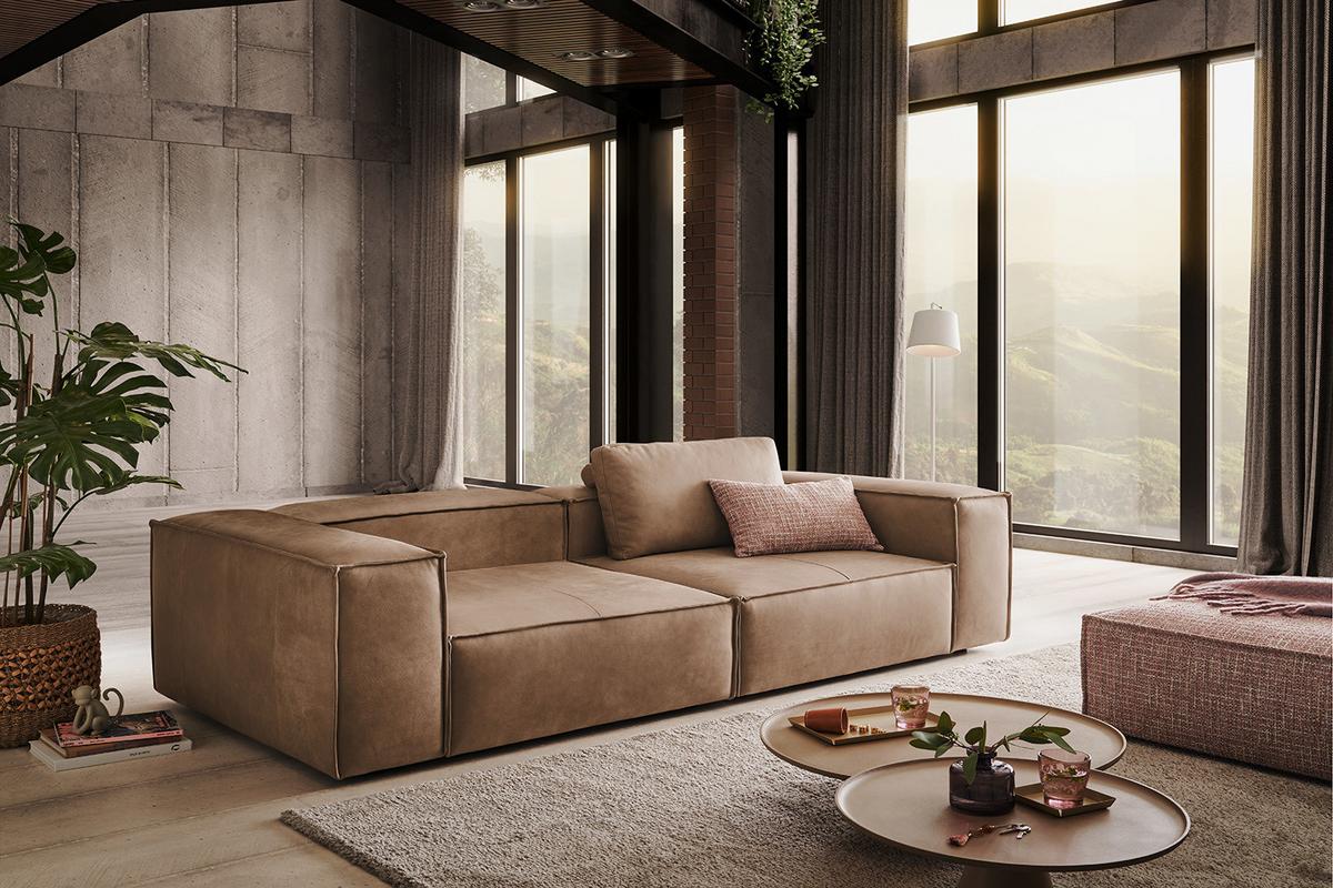 SOFA CARMO Taupe Leder - Taupe/Schwarz, Leder/Kunststoff (266/68/118cm) - KAWOLA
