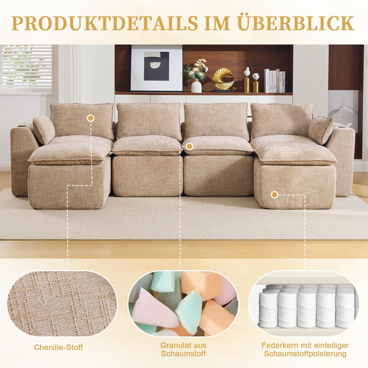 4-SITZER-SOFA aus chenille, modular mit 2 fußhockern und getränkehaltern - Sandfarben, Textil (322/75/161cm) - Urban Meuble