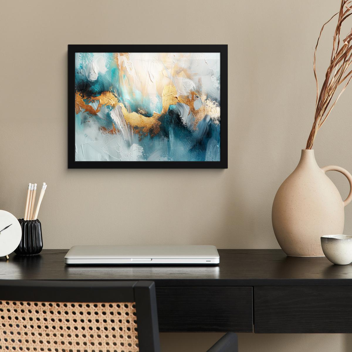 POSTER MIT RAHMENGERAHMTES BILD Abstrakt - Kunst - Gold - Blau 40x30 cm - Petrol, Papier (40/30cm) - MuchoWow