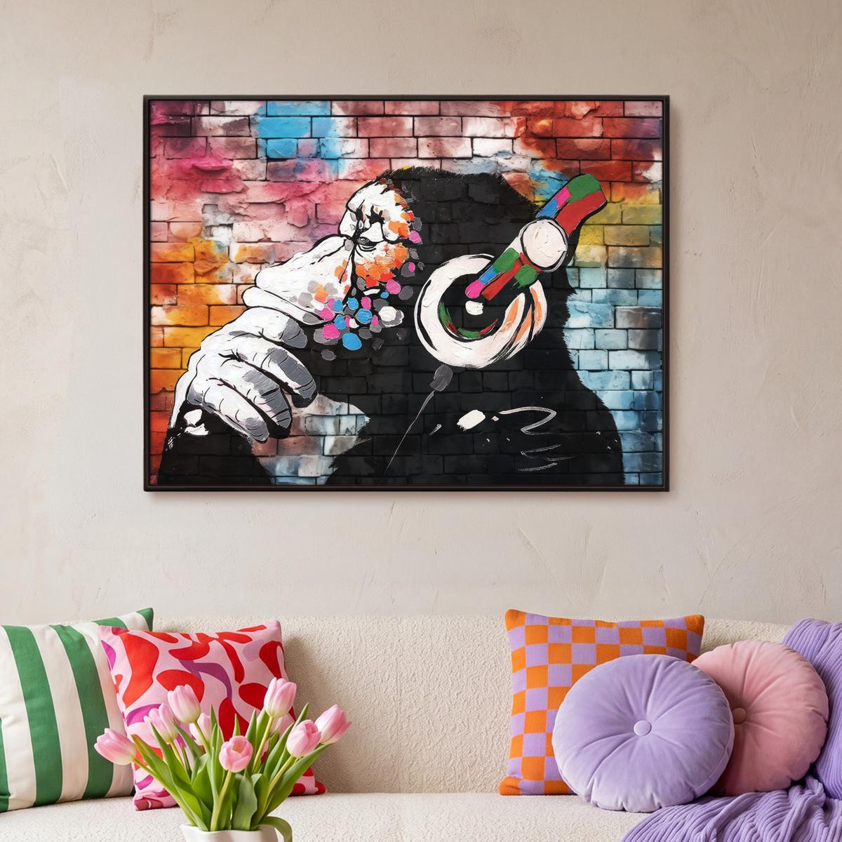 LEINWAND Bilder mit Rahmen - Affe - Graffiti - Musik - 100x70 - Multicolor, Textil (100/70cm) - MuchoWow