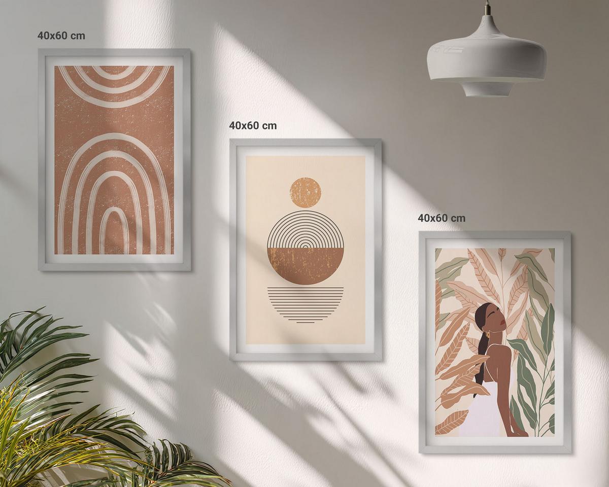 BILDER SET 3er Set - 40x60 cm Silberner Rahmen - Stilvolle Pflanzenmuster und Geometrie - Silberfarben, Kunststoff (40/60cm) - TULUP