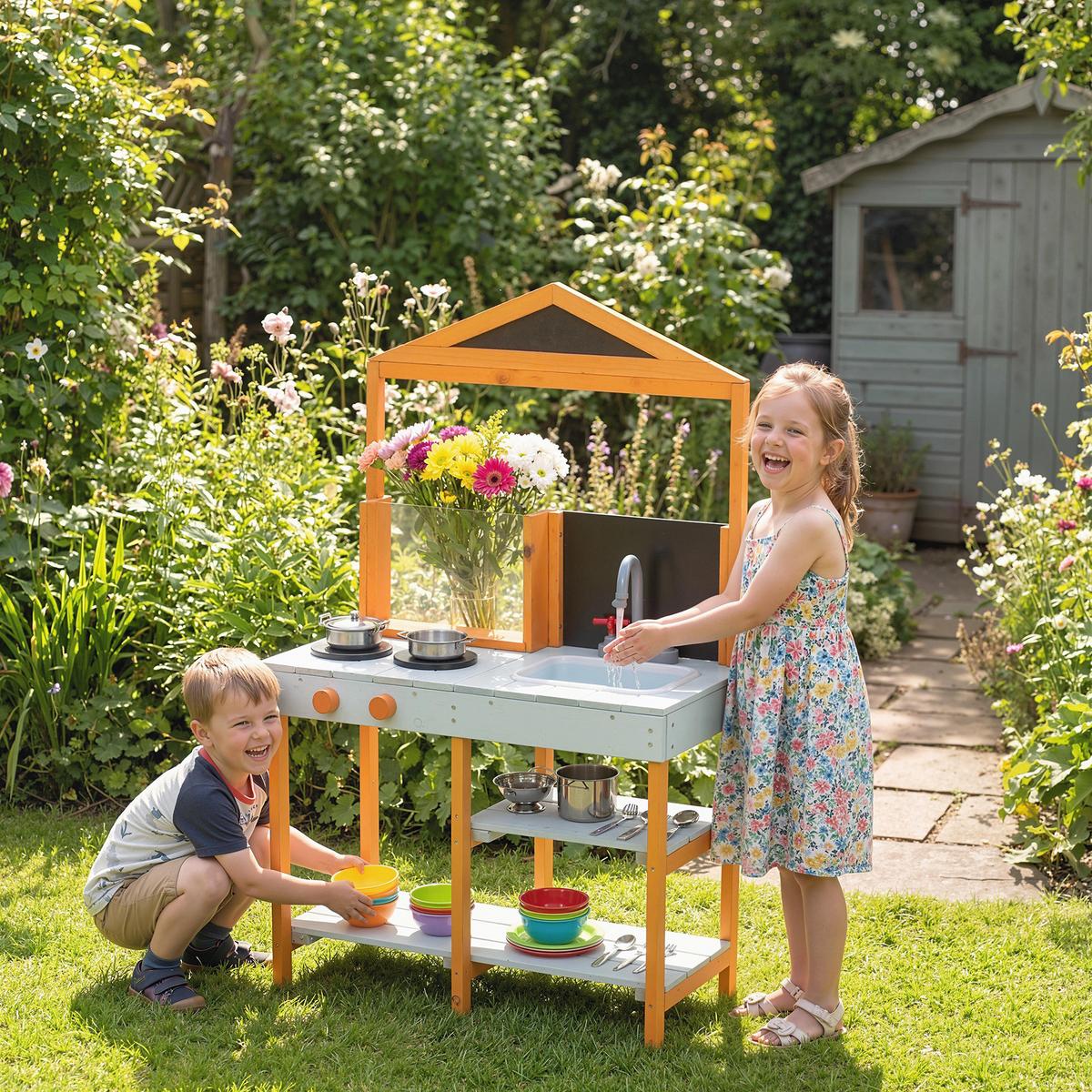 OUTDOOR-KINDER-MATSCHKÜCHE Tannenholz Edelstahl Hellblau - Hellblau, Holz (33.5/69cm) - AIYAPLAY