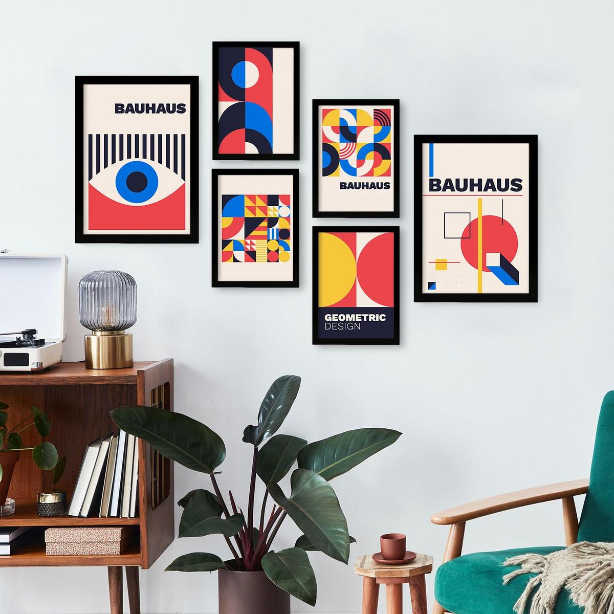 POSTER Set Mit 6 Drucken Im Bauhaus 3 Geometrische Designkollektion Drucke Mit Ästhetische Dekorative Rahmen Für Zuhause A3 & A4 Schwarzer Rahmen - Schwarz, Papier (29/3cm) - Nacnic