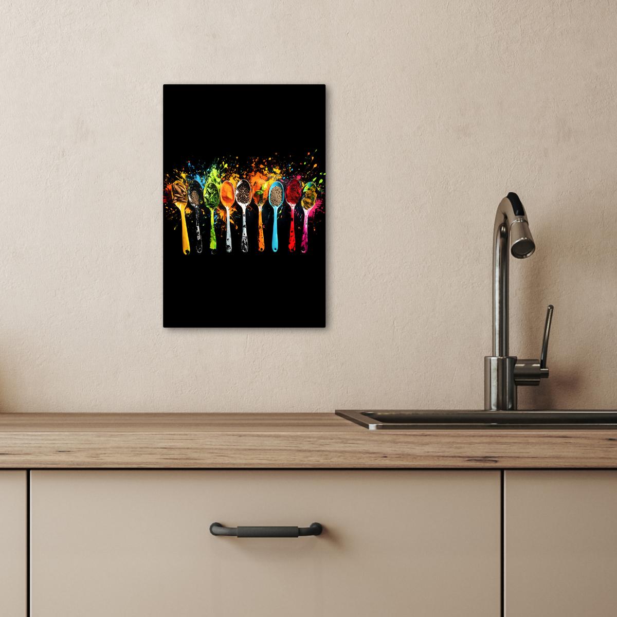 LEINWANDBILD Löffel - Gewürze - Modern - Graffiti - Farbe - Farbenfroh Deko Wohnzimmer 20x30 cm - Multicolor, Textil (20/30cm) - MuchoWow