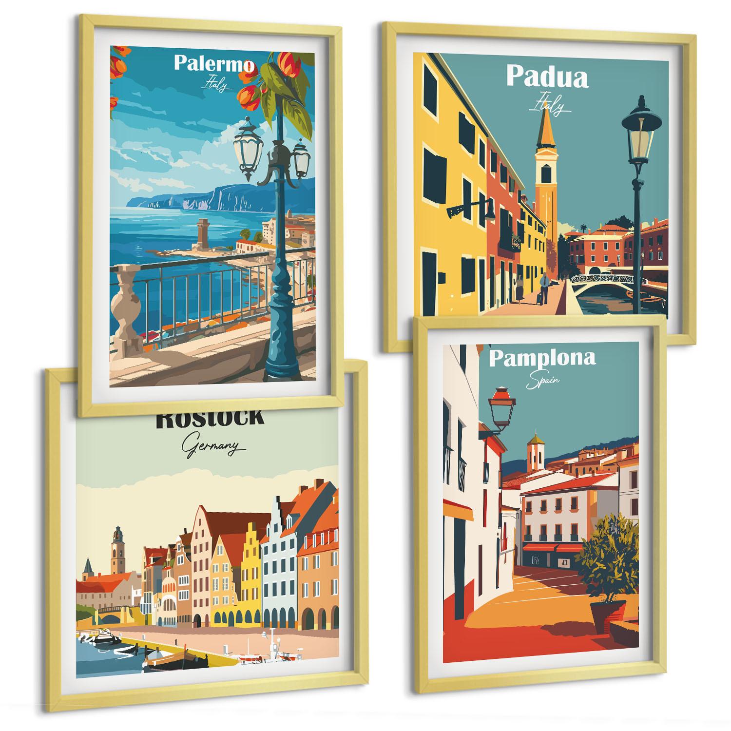 BILDER SET 4er Set - 50x50 cm & 40x60 cm Goldrahmen - Retro-Stadtillustrationen - Goldfarben, Kunststoff (50/50cm) - TULUP