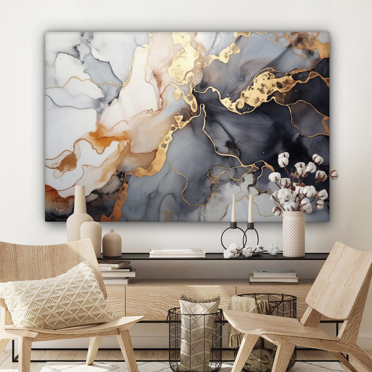 LEINWANDBILD Marmor - Schwarz - Gold - Weiß Wohnzimmer Groß 120x80 cm - Dunkelgrau, Textil (120/80cm) - MuchoWow