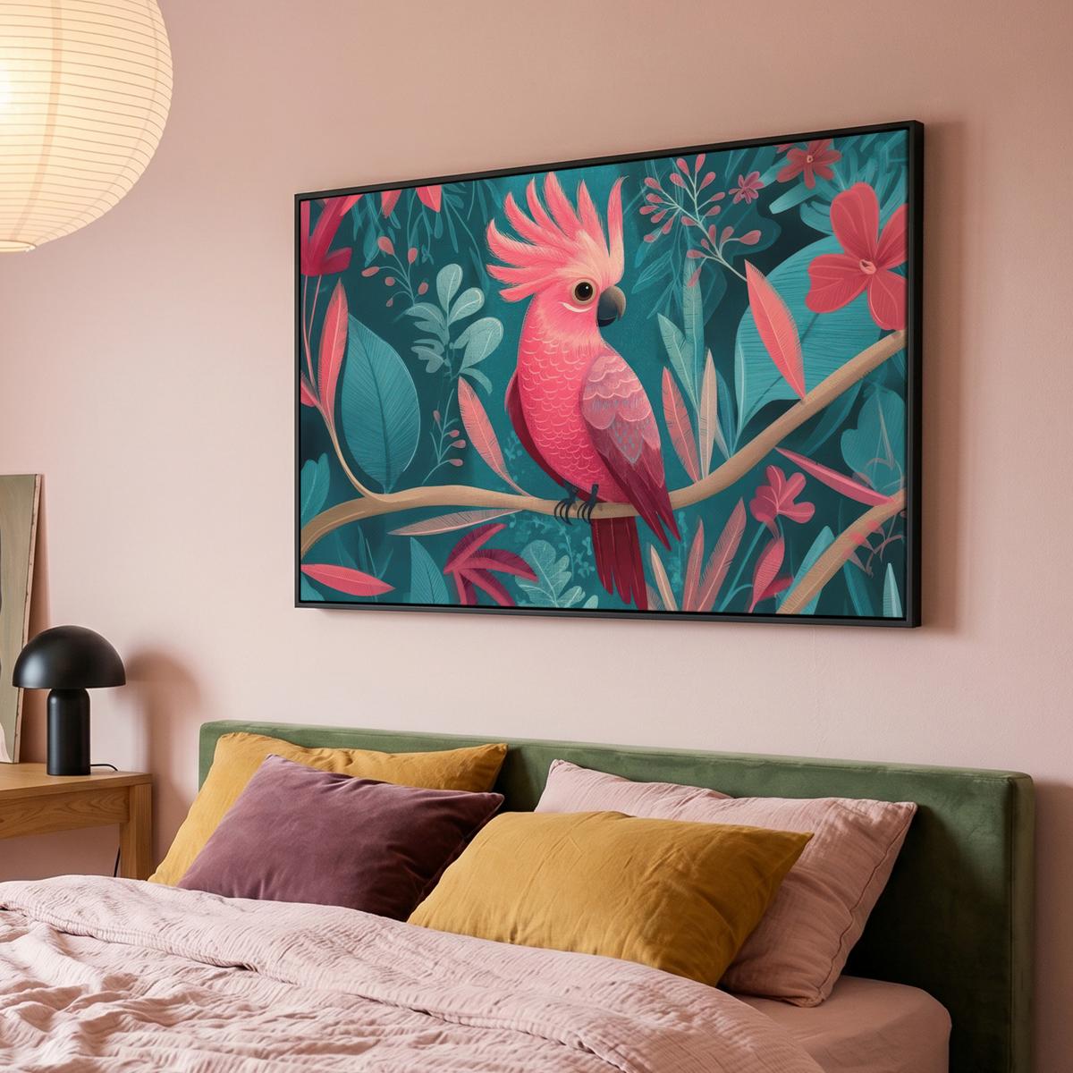 LEINWAND Bilder mit Rahmen - Kakadu - Tropische Blätter - Zweig - 120x80 - Petrol, Textil (120/80cm) - MuchoWow