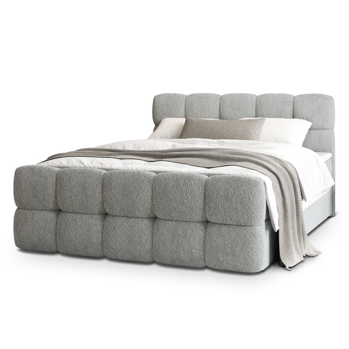 BOXBETT BRUME 180x200 cm mit Matratze und Topper, H2+H3 - Hellgrau - Hellgrau, Holz (180/200cm) - MASSENO