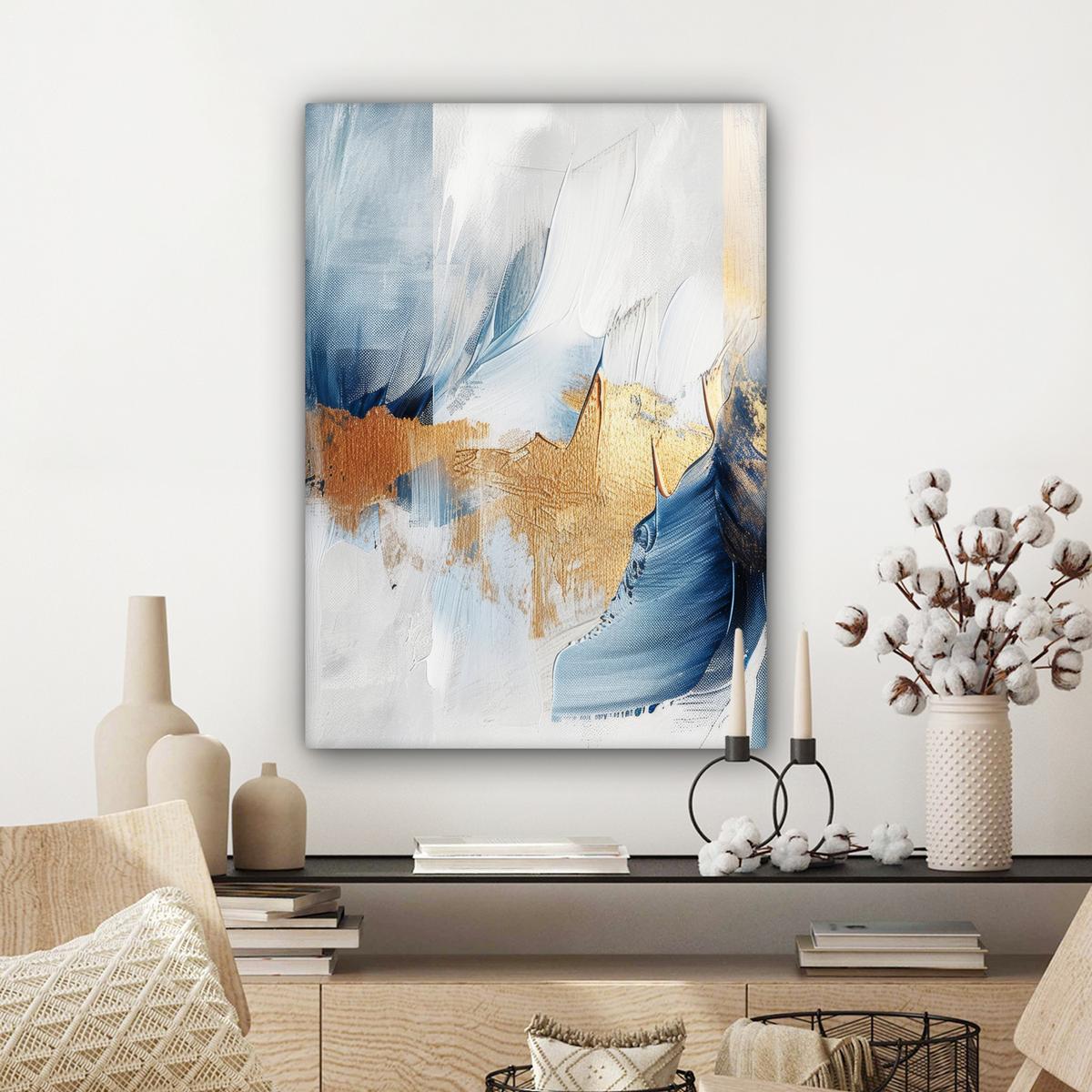 LEINWANDBILD Gold - Blau - Aquarell - Kunst - Modern Wandbild Wohnzimmer 60x80 cm - Hellblau, Textil (60/80cm) - MuchoWow