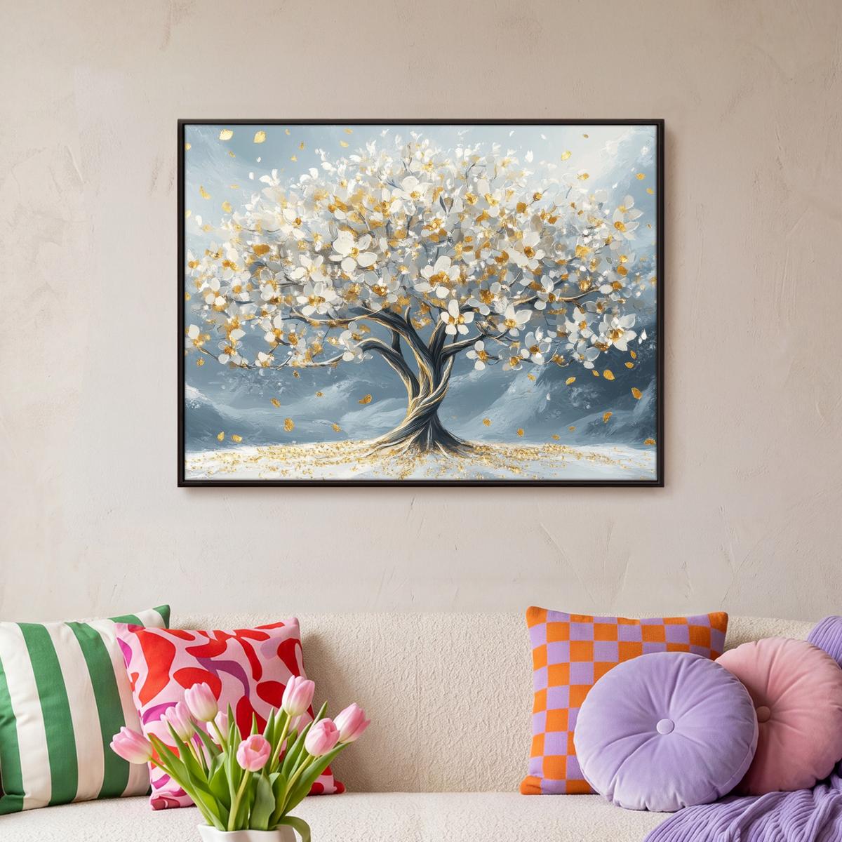 LEINWAND Bilder mit Rahmen - Baum - Winter - Baum des Lebens - Modern - Gold - 70x50 - Goldfarben, Textil (70/50cm) - MuchoWow