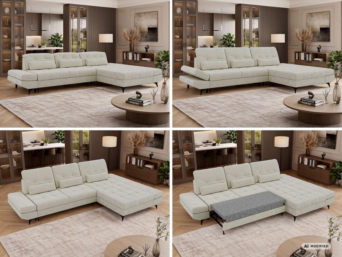 ECKSOFA ALVENO L - Creme Schenille glatt - Rechts Seite - Creme/Schwarz, Textil/Metall (344/218cm) - MKS
