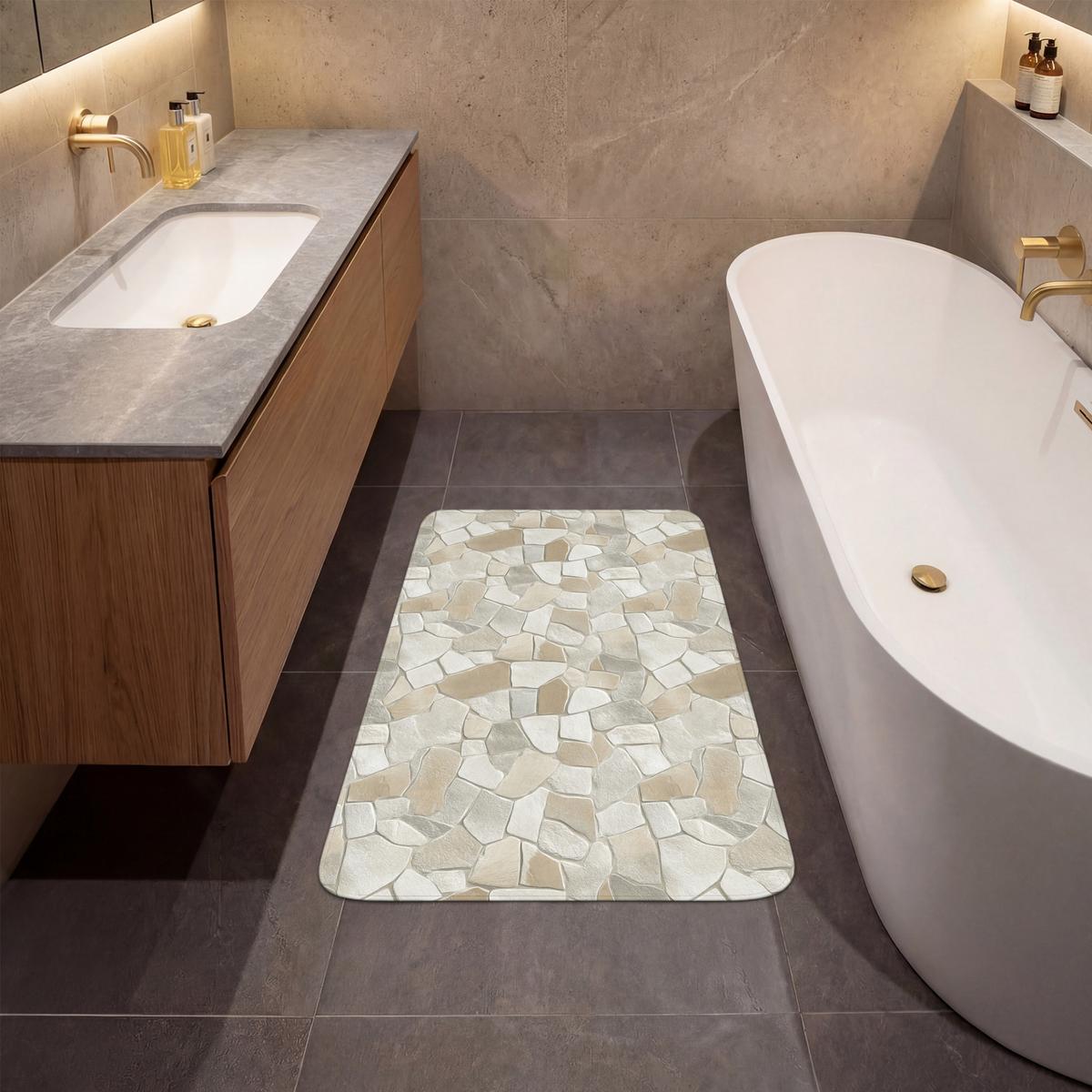 BADEMATTE Mosaik - Steine - Beige 60x90 cm - Beige/Creme, Textil (60/90cm) - OnlyWow