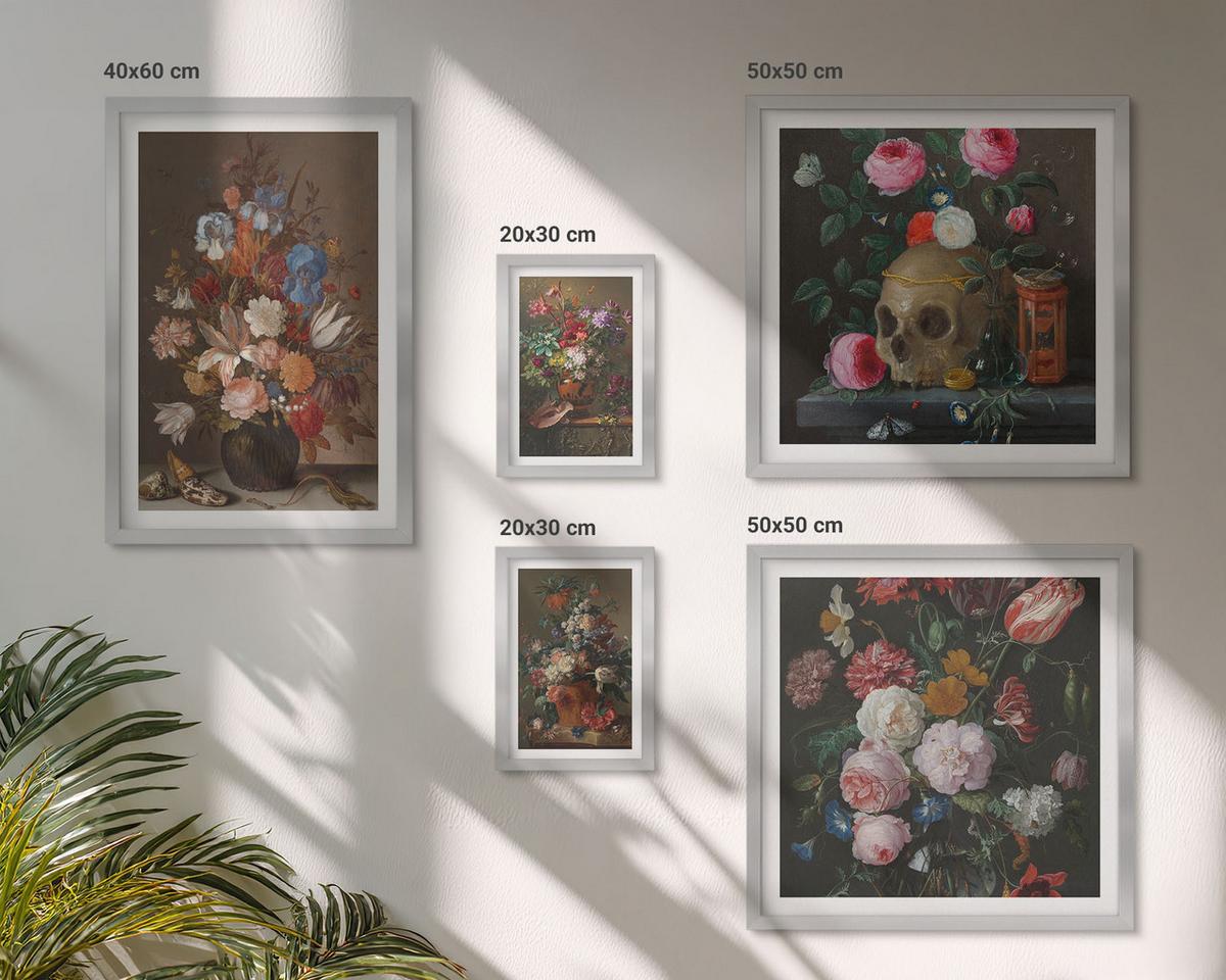 BILDER SET 5er Set - 50x50 cm & 20x30 cm & 40x60 cm Silberner Rahmen - Pfingstrosenporträt einer Frau für Zuhause - Silberfarben, Kunststoff (40/60cm) - TULUP