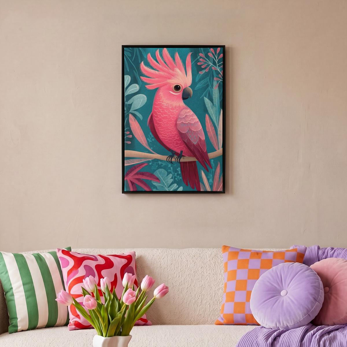 LEINWAND Bilder mit Rahmen - Kakadu - Tropische Blätter - Zweig - 40x60 - Petrol, Textil (40/60cm) - MuchoWow