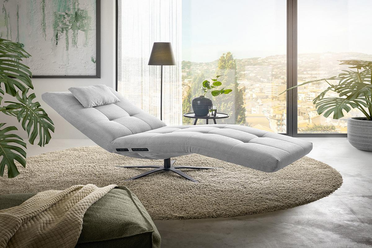 RELAXLIEGE LETICIA Silber Cord Drehbar (360°), Relaxfunktion - Silberfarben/Schwarz, Textil/Metall (82/115/156cm) - KAWOLA