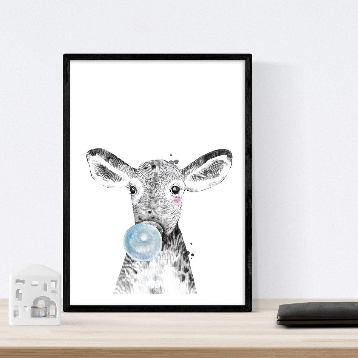 POSTER Set Mit 6 Tiere Babys Mit Kaugummi Zebra Rino Deer Kuhpferd Und Flamme A4 Rahmenlos - Klar, Papier (29/3cm) - Nacnic