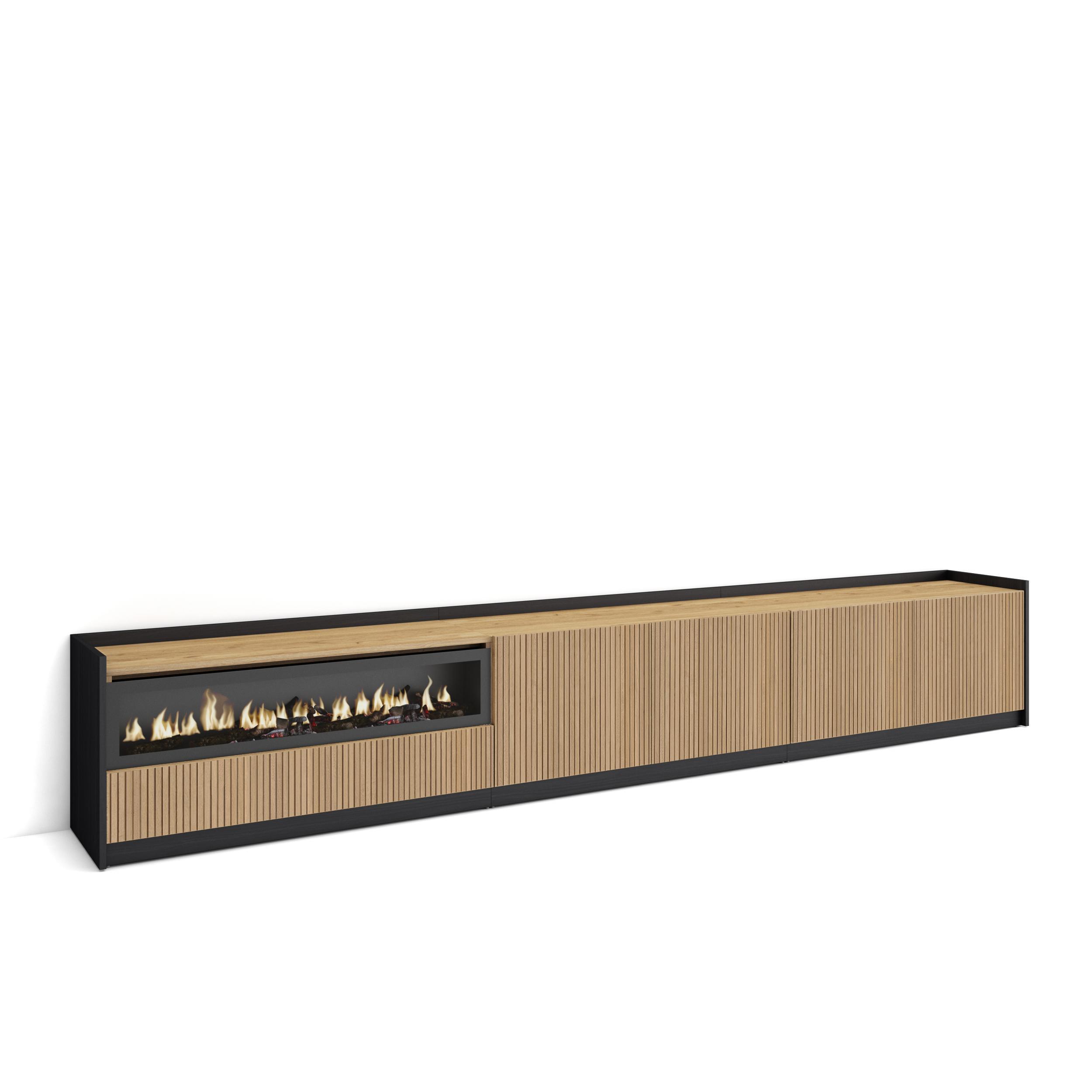 LOWBOARD, Eiche und Schwarz, 310/37/50cm, Elektrokamin. - Eichefarben, Holzwerkstoff (310/50/37cm) - Skraut Home