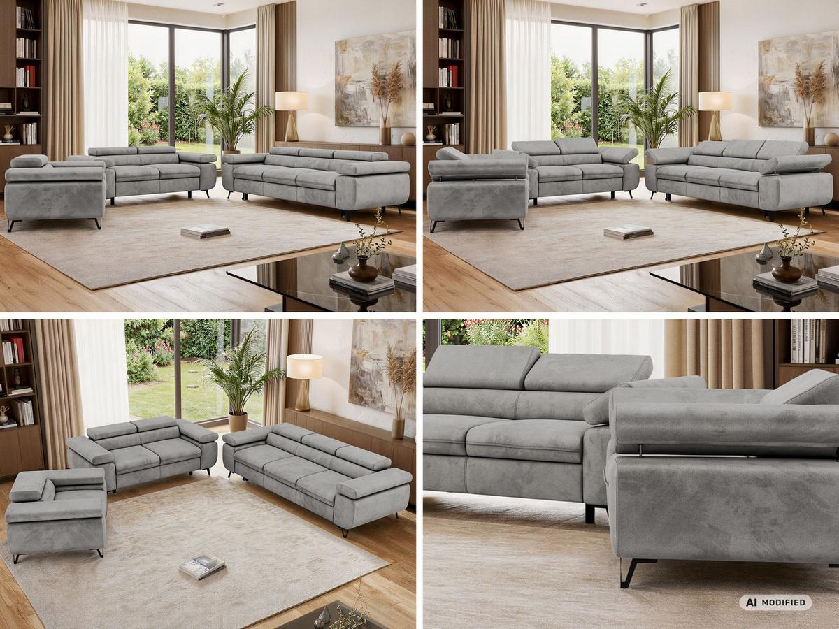 SITZGARNITUR PETER 1+2+3 mit Schlaffunktion - Hellgrau Velvet - Silberfarben/Hellgrau, Textil/Metall (262/76/99cm) - MKS