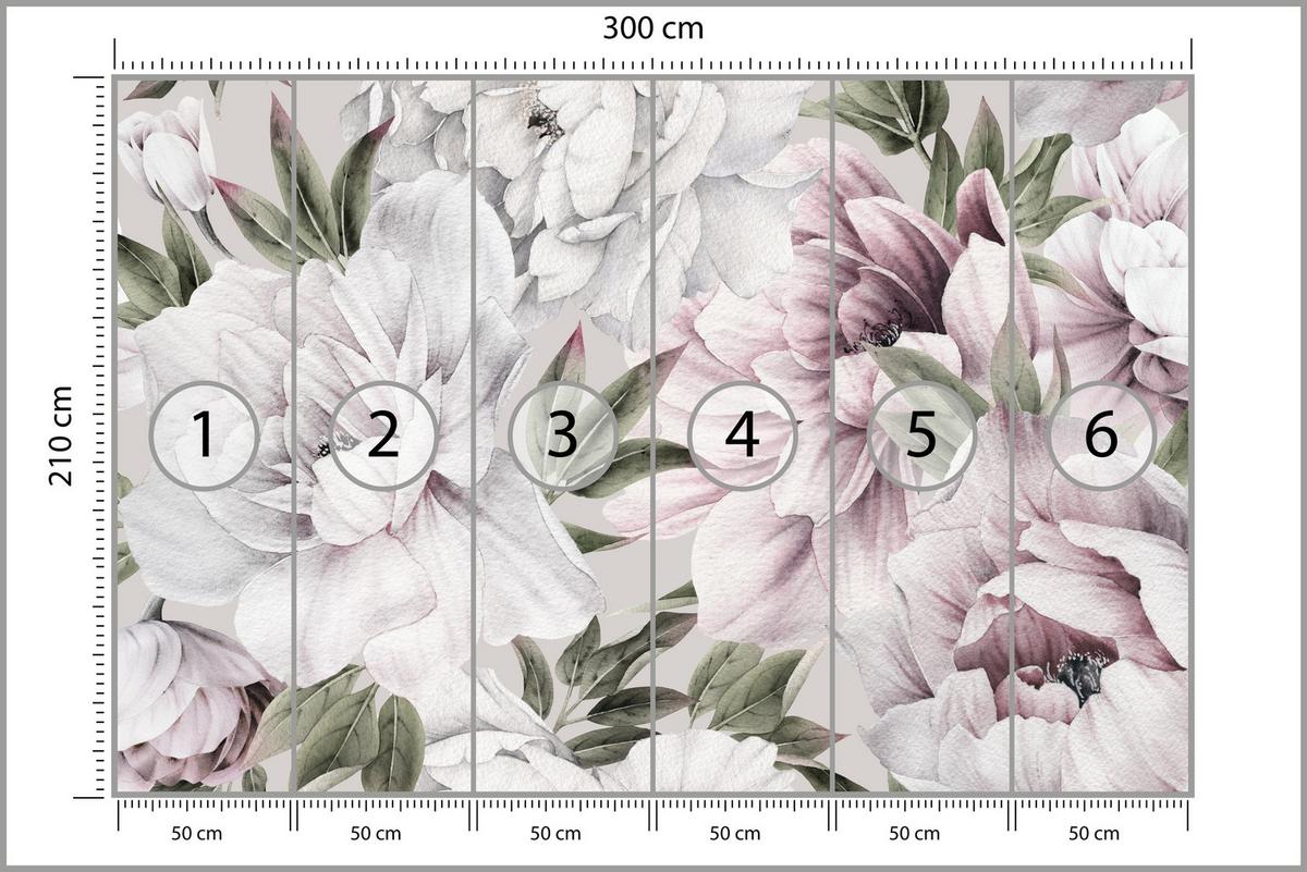 FOTOTAPETE für Schlafzimmer Pastell Pfingstrosen Boho Pflanzen 300x210 - Violett/Rosa, Papier (300/210cm) - Muralo