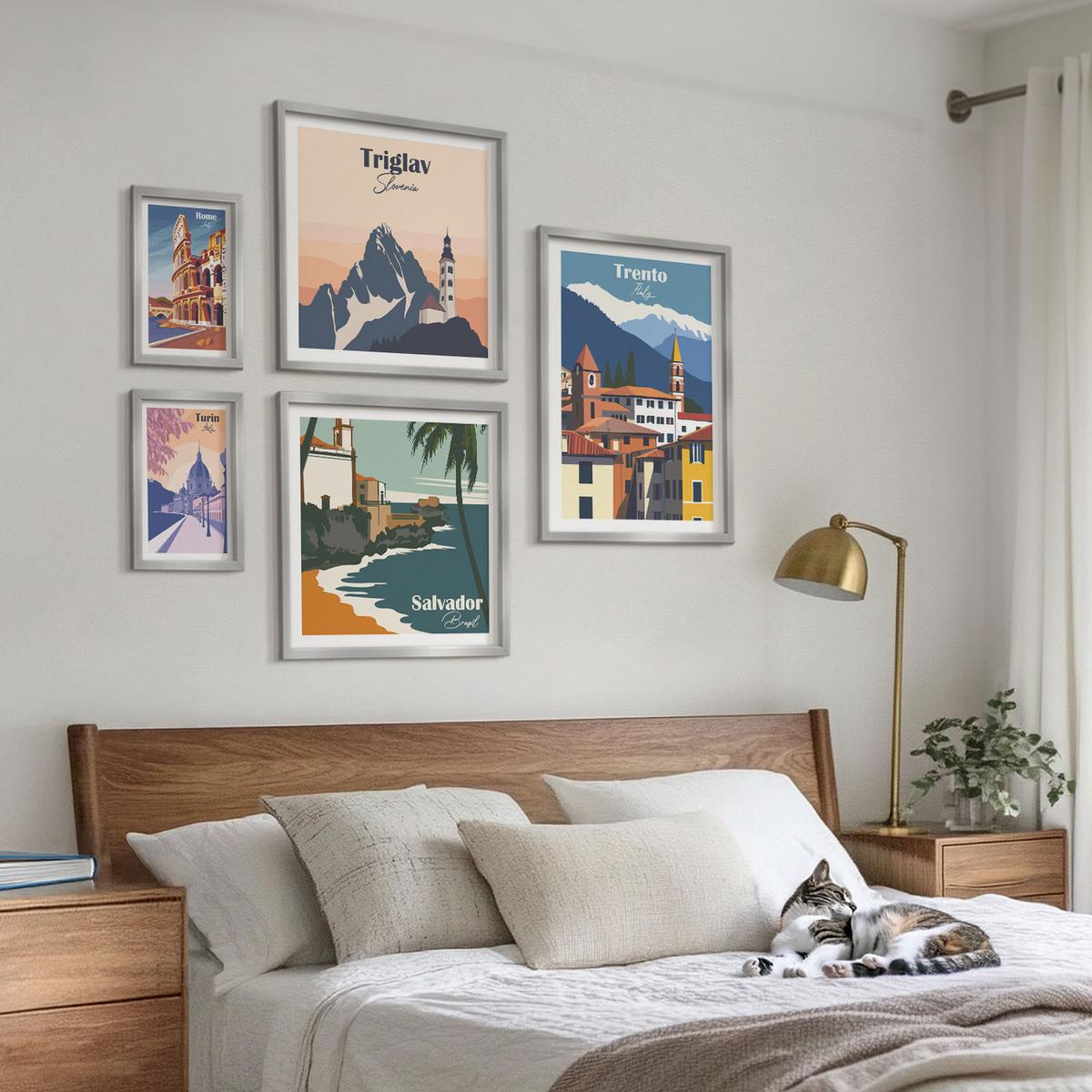 BILDER SET 5er Set - 50x50 cm & 20x30 cm & 40x60 cm Silberner Rahmen - Blicke auf berühmte Orte am Meer - Silberfarben, Kunststoff (40/60cm) - TULUP