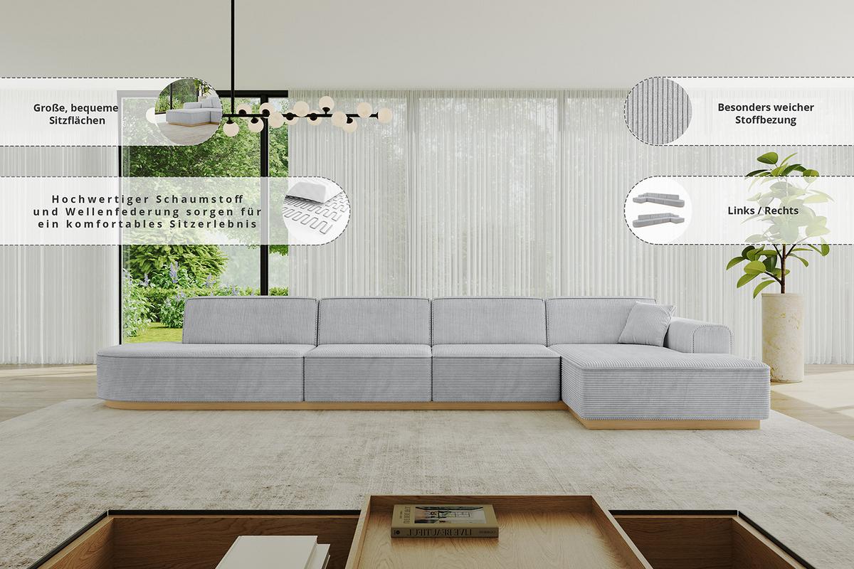 ECKSOFA Ottomane Rechts IREA-L3-v2 - 412x165x80 cm Grün - Platinfarben, Holzwerkstoff/Textil (412/165cm) - ALTDECOR