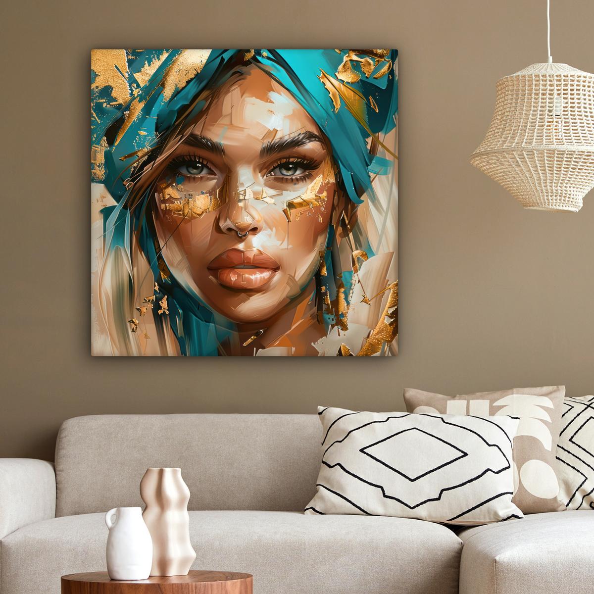 LEINWANDBILD Frau - Porträt - Gold - Luxus - Blau Deko Groß 90x90 cm - Türkis, Textil (90/90cm) - MuchoWow