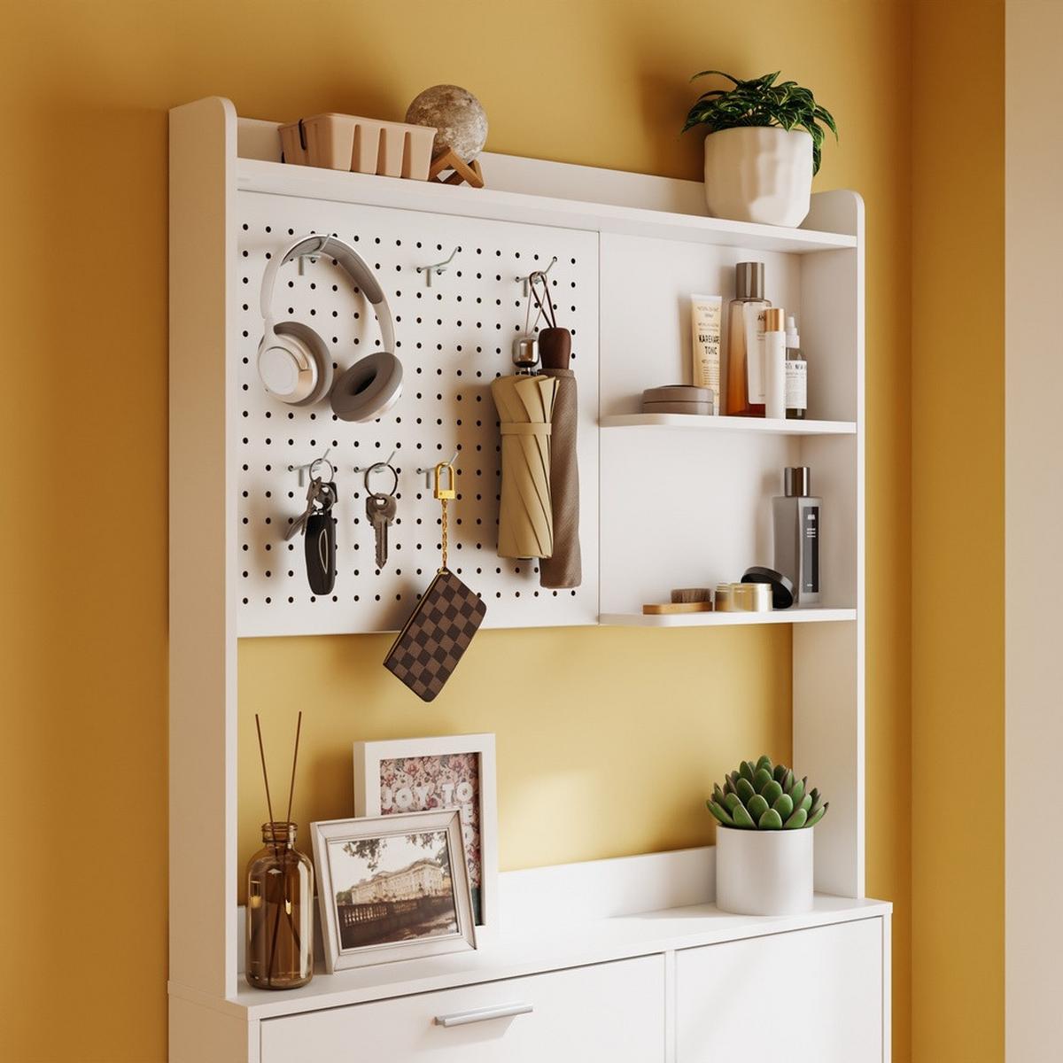SCHUHSCHRANK mit Pegboard und Schubladen FSR232-W - Weiß, Holzwerkstoff/Kunststoff (83/197/14cm) - SoBuy