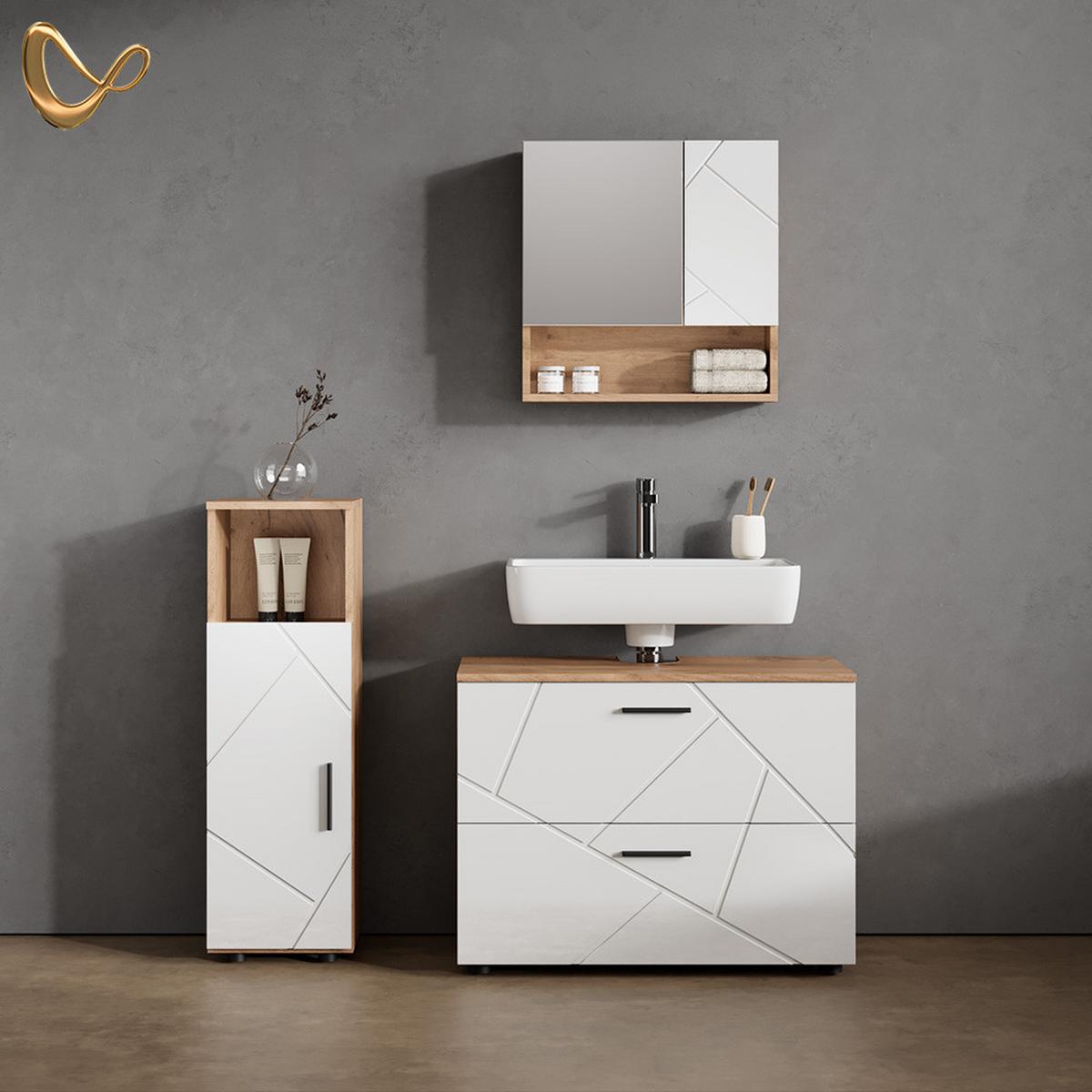 BADMÖBEL-SET Ronco Weiß Hochglanz/Goldkraft Eiche 3 Teile, mit Midischrank - Honigeiche/Weiß Hochglanz, Holzwerkstoff (54/55/41cm) - Livinity®