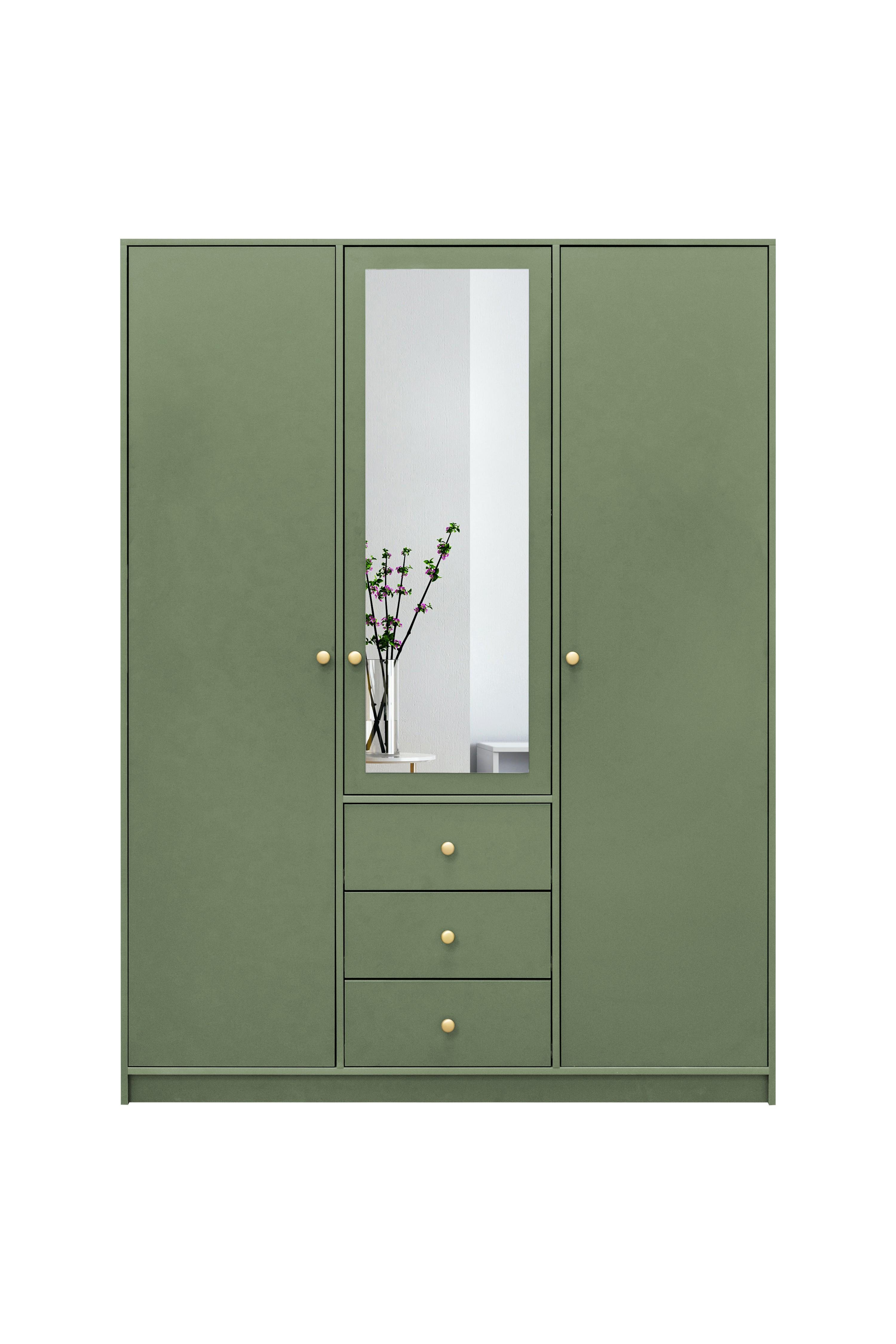 DREHTÜRENSCHRANK GALIO 149/200/57,5 cm 3-türig mit Spiegel Grün - Grün, Holzwerkstoff (149/200/57.5cm) - MASSENO