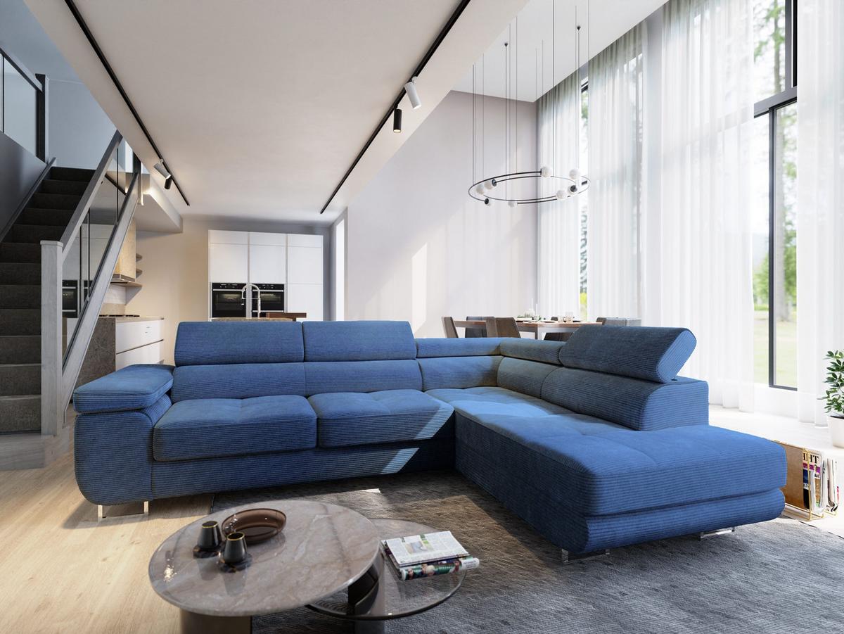 ECKSOFA APIRO R-S Blau Kordstoff mit Schlaffunktion - Blau/Silberfarben, Holz/Textil (276/202cm) - MASSENO
