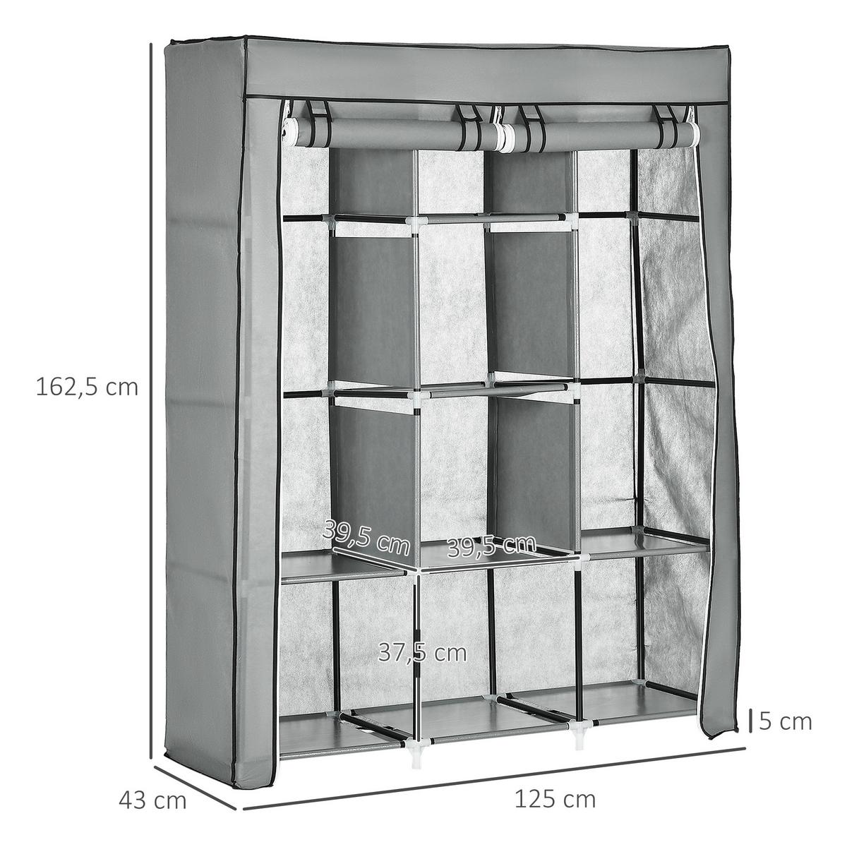 STOFFSCHRANK, Faltschrank, Kleiderschrank mit Kleiderstangen, 8 Ebenen Hellgrau - Hellgrau, Metall (43/162.5/125cm) - HOMCOM