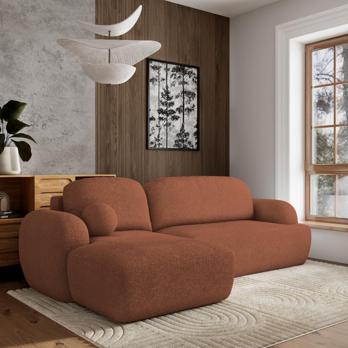 ECKSOFA MODENZA N L-S Orange Boucle-Stoff mit Schlaffunktion - Schwarz/Orange, Holz/Kunststoff (266/148cm) - MASSENO