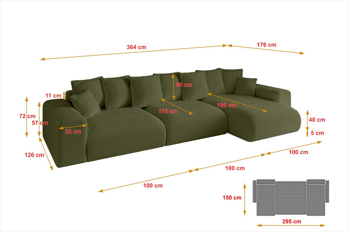 ECKSOFA Ottomane rechts ESKAR-L2 364x176x72 Olivgrün Bouclé - Schwarz/Olivgrün, Holzwerkstoff/Kunststoff (176/364cm) - ALTDECOR