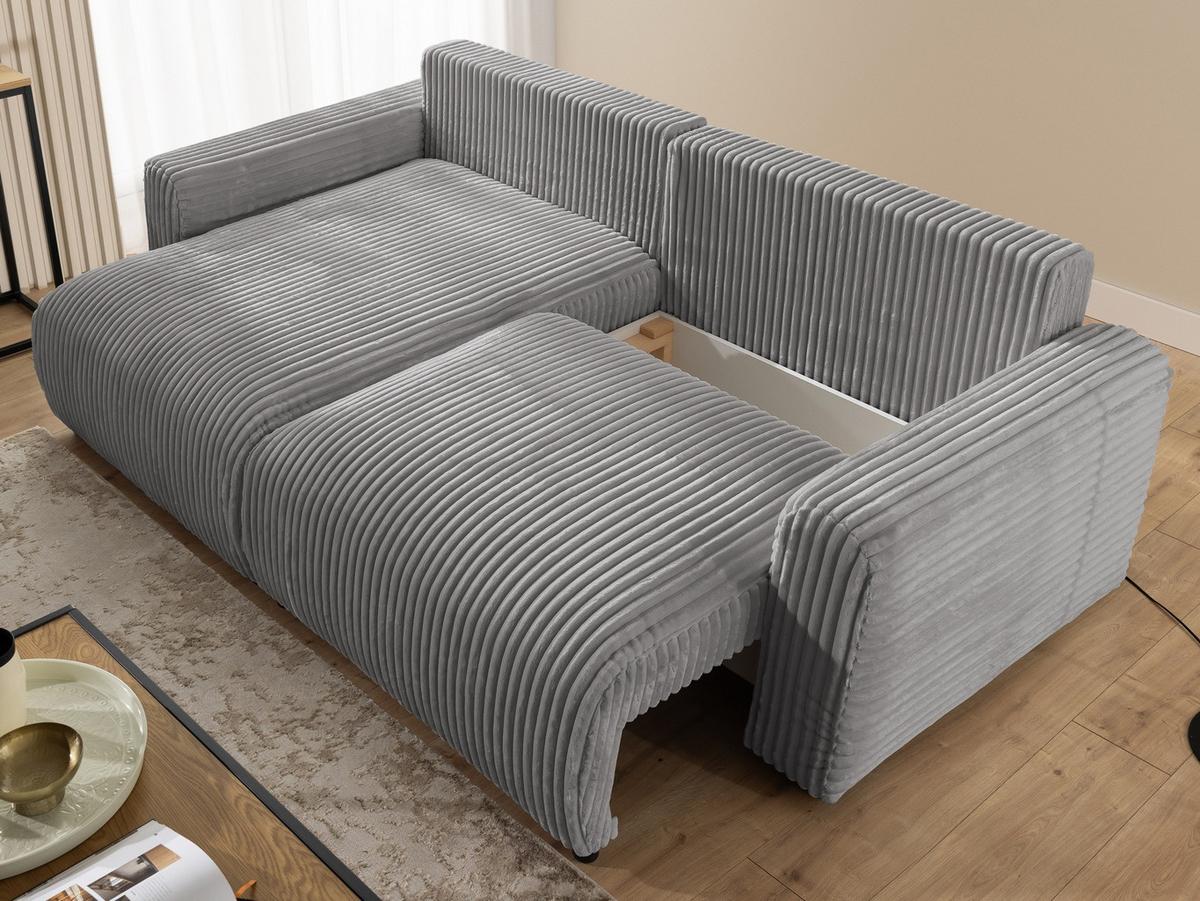 ECKSOFA Calma mit Schlaffunktion und Bettkasten im Bumpy-Design aus weichem Grau Plüschcord - Ottomane links - Schwarz/Grau, Holz/Kunststoff (239/140cm) - S-Style