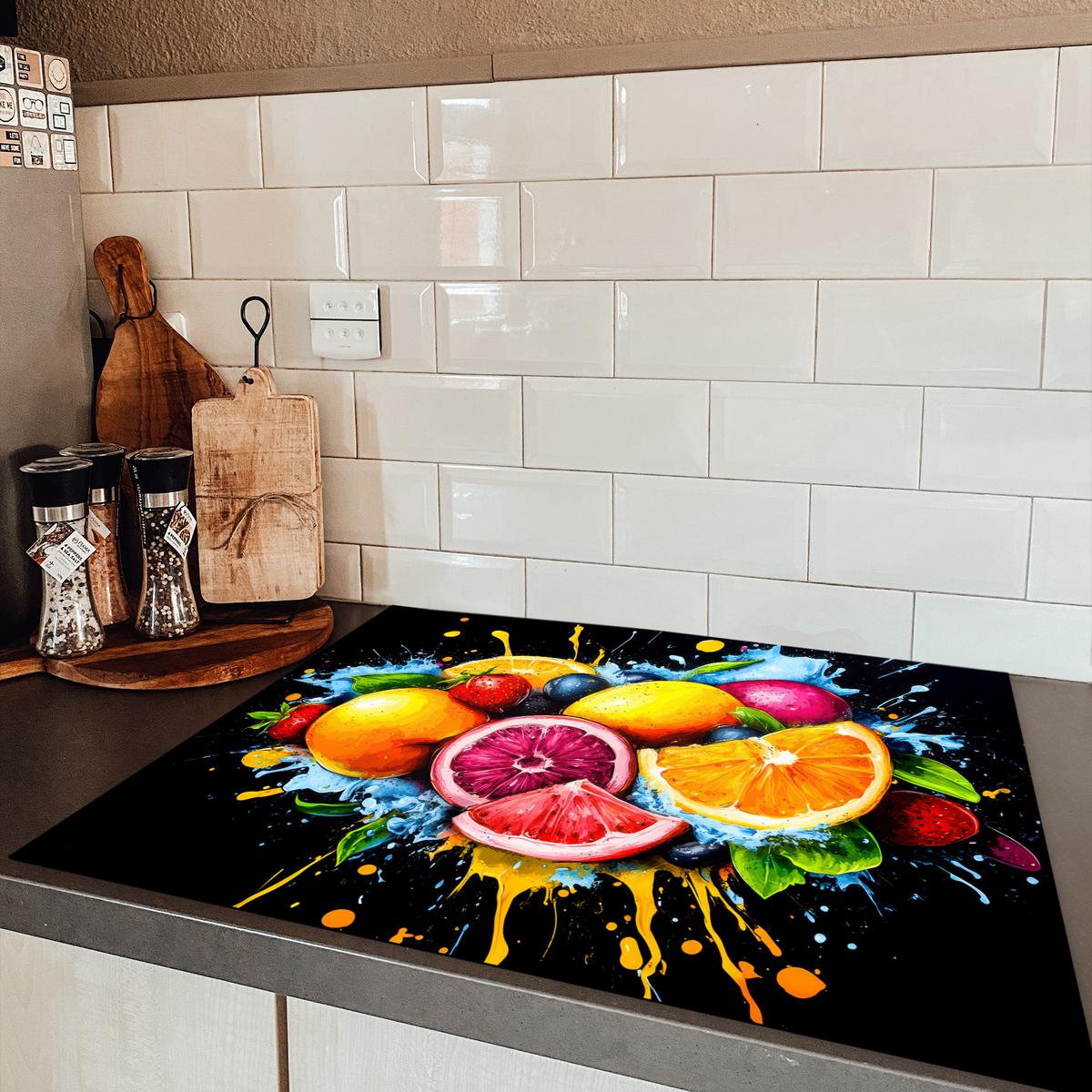 HERDABDECKPLATTE Obst - Graffiti - Bunt - Orange - Erdbeere - Abstrakt Induktionsmatte 77x59 cm - Orange, Kunststoff (77/59/0.2cm) - MuchoWow