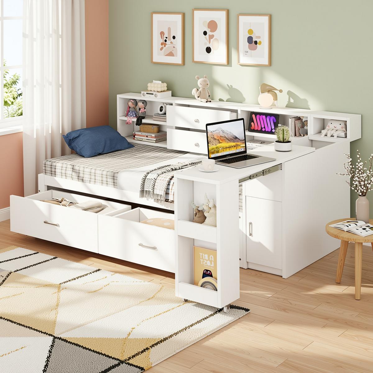 SCHLAFSOFA Multifunktionsbett 90x200 mit ausziehbarem Schreibtisch - Weiß, Holzwerkstoff (90/200cm) - Urban Meuble